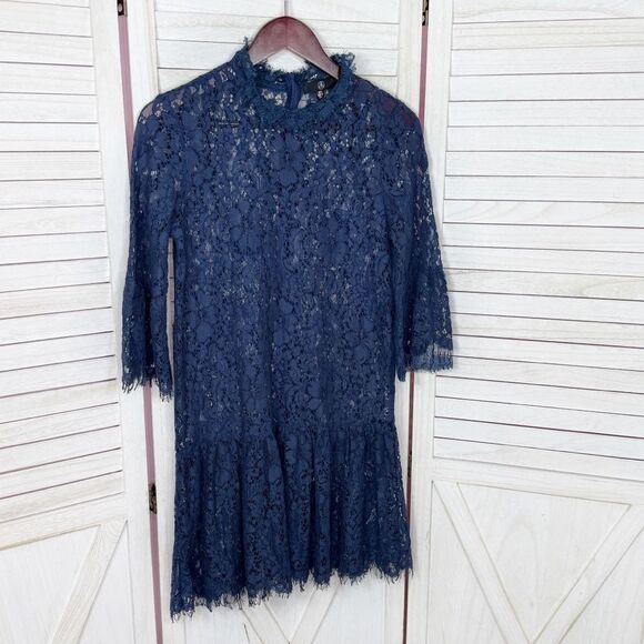 Missguided Sheer Lace Topper Tunic Dress Navy Blue Size 4 Whimsigoth Boho Goth - Picture 9 of 13